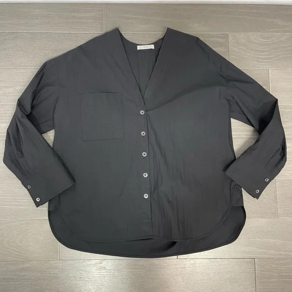 CO Collections V-Neck Blouse in Cotton Blend Poplin Black S Luxury Minimalist